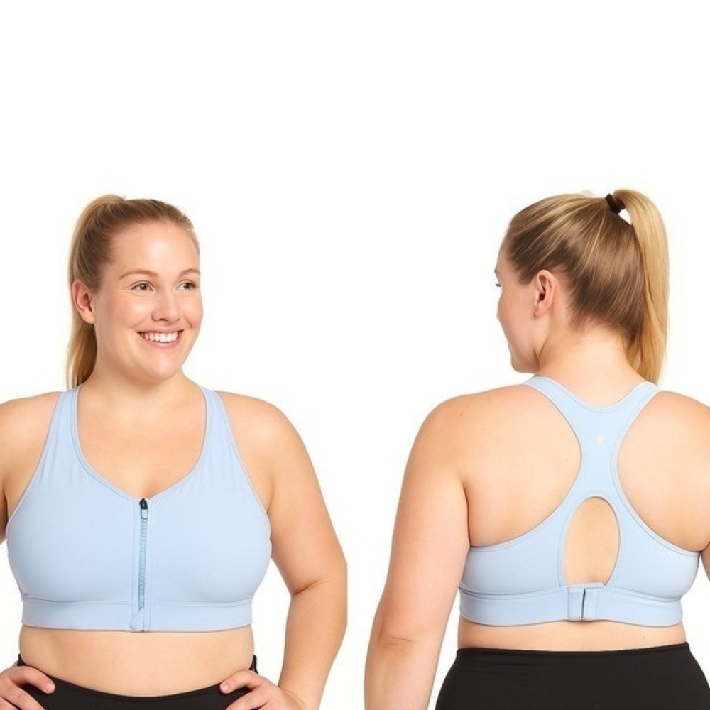 Avia‎ Sports Bra Size Large Light Blue Front Zip Racerback Stretchy Athletic Gym